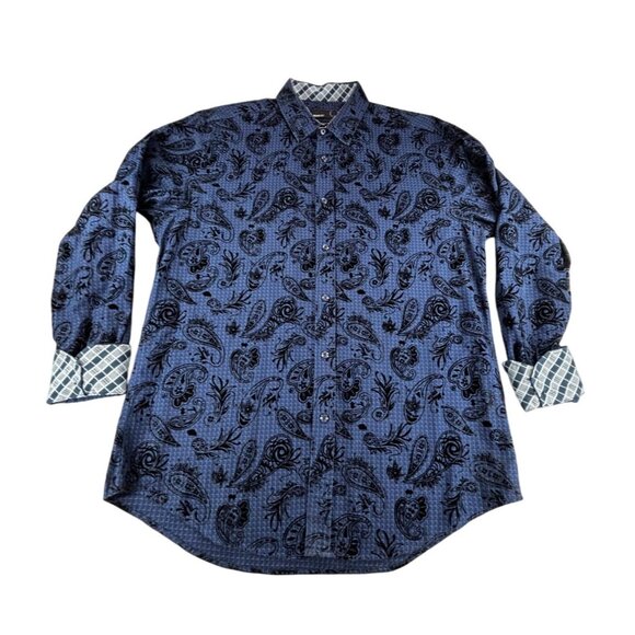 Quieti Velvet Burnout Paisley Shirt Blue & Black Mens Large Button-Up - Picture 1 of 9